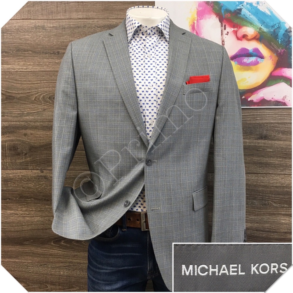 Michael Kors Mens Silk Wool Blazer Sport Coat Grey Glen Plaid 44L Long Jacket